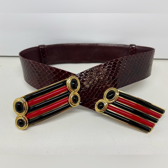 Judith Leiber Burgundy Snake/Leather Belt w/Gold Buckle and Black/Red accent - Picture 2 of 15